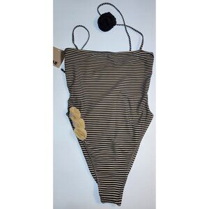 SAME LOS ANGELES One Piece Swimsuit Womens Stripped Sz Medium Flower Beige Blue